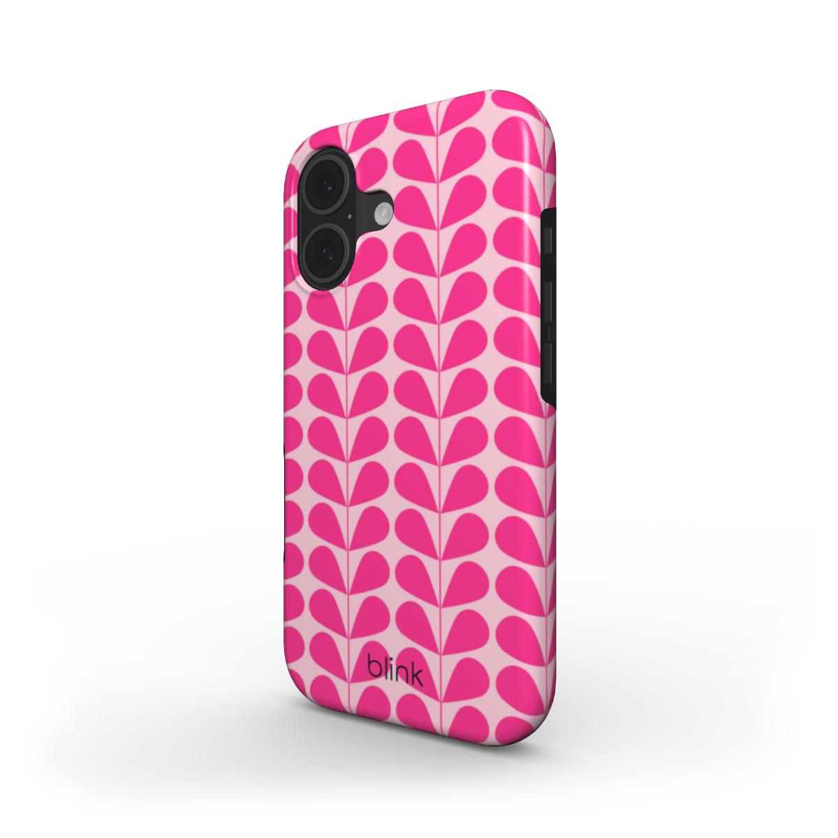 Phone case with pink geometric pattern on a light pink background