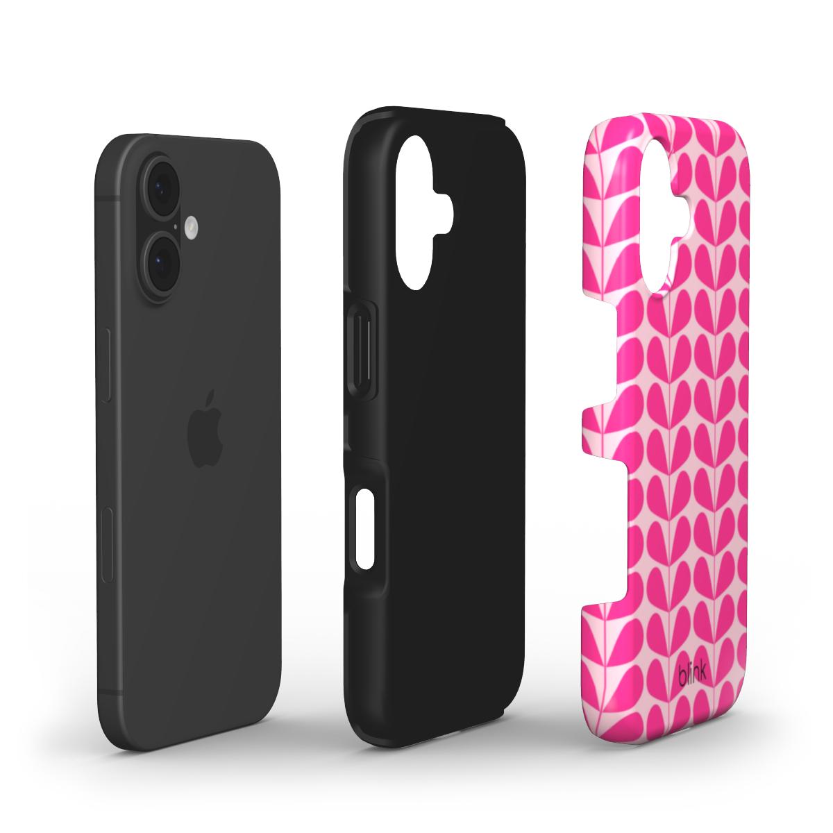 Black tpu protective inner and pink patterned phone case on a light pink background